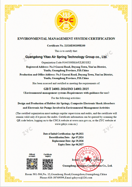 LA CHINE Yitao Air Spring Group certifications